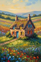 cottage with flowers painting